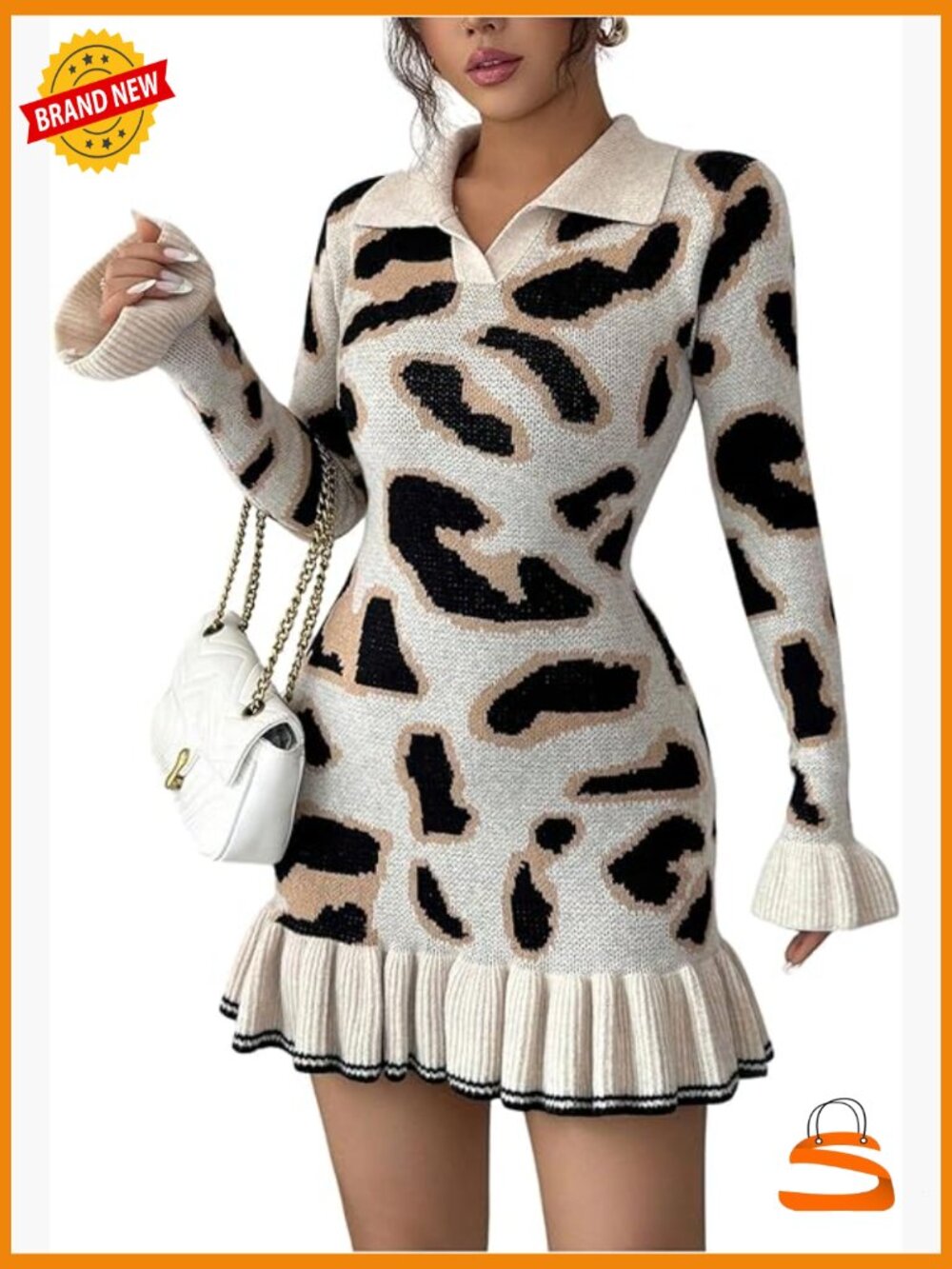 Leopard Print Sweater Dress Long Sleeve Collar Neck Ruffle Hem Mini Bodycon - Picture 1 of 5
